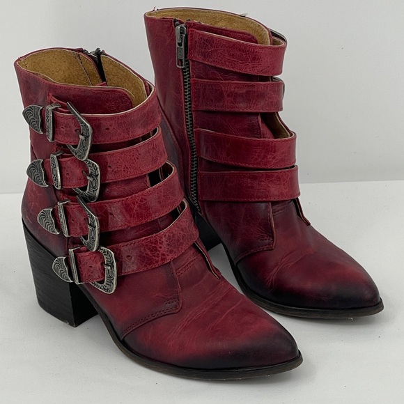 Circle G Shoes - Circle G Burgundy Leather Ankle Boots with Buckles WOMENS SIZE 6M